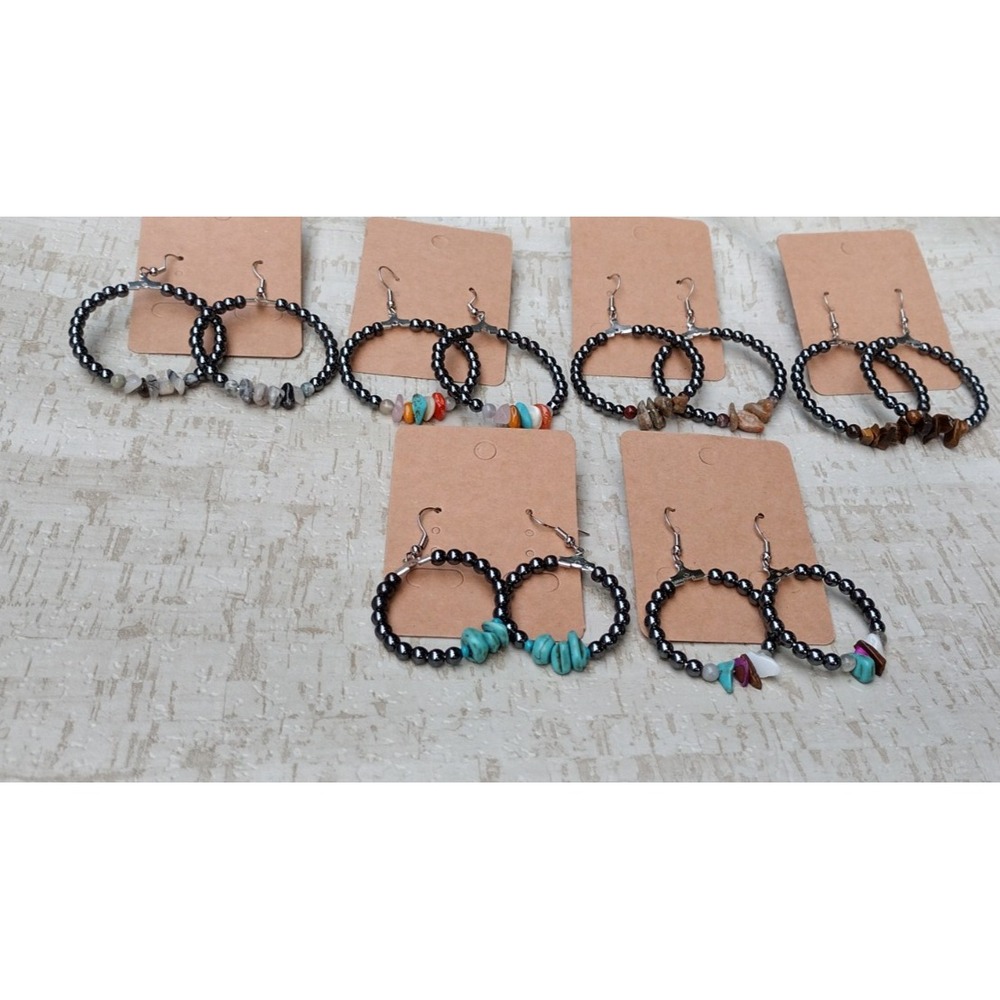 Set of 6 Mixed Hematite & Chip Stone Hoop Earrings, Bulk Lot as Pictured